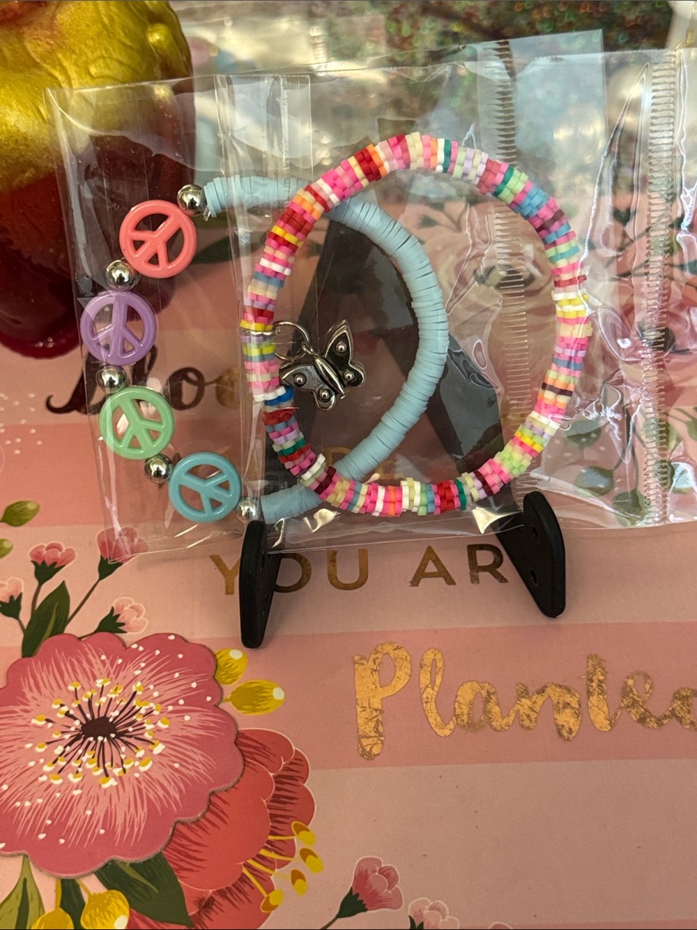 Boho Multicolor Beaded Bracelet Set with Butterfly and Peace Sign Charms